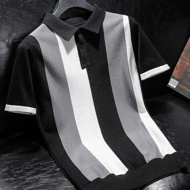 男短袖衫针织polo2023翻领t恤百搭冰丝拼色修身条纹新款潮流夏季