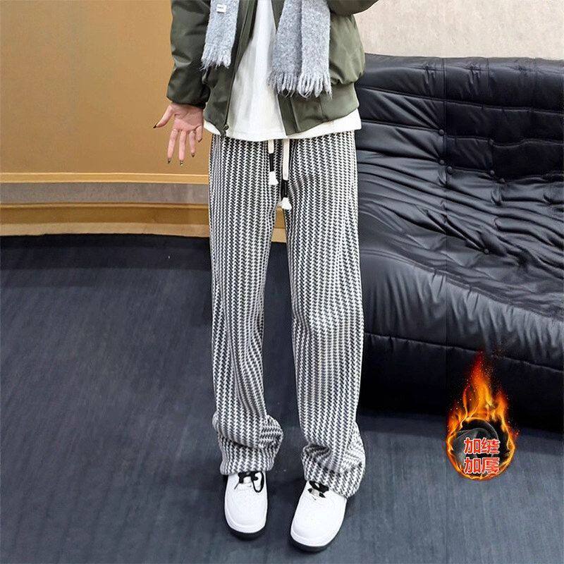 秋冬季鱼骨卫裤纹le针织anfitc休闲裤直筒小香风加厚加绒裤子男款