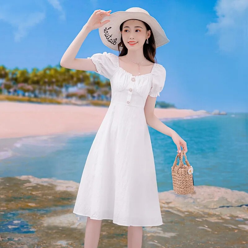 仙女连衣裙气质夏装2021年新款女装方领收腰提花过膝中长款小白裙