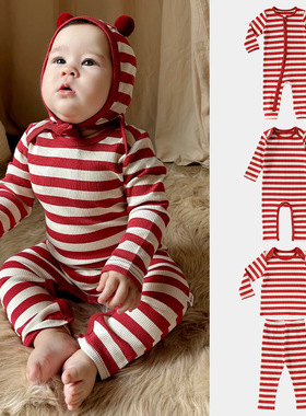 2026新款a类纯棉婴儿连体衣新生儿秋冬季家居服宝宝条纹哈衣爬服