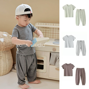 A类无骨短袖 纯色防蚊裤 长裤 薄款 宝宝睡衣夏季 儿童竹棉家居服套装