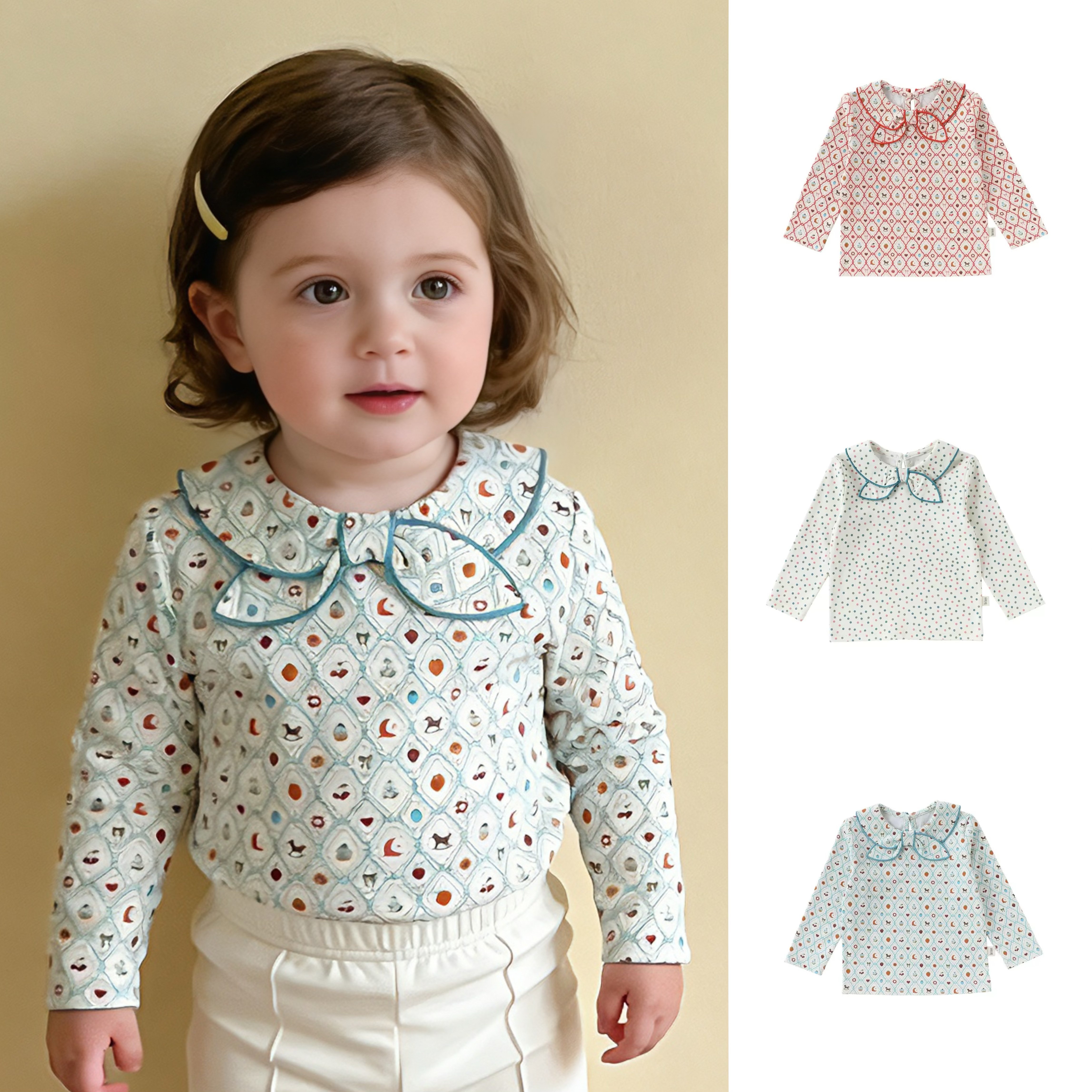 女童长袖t恤春秋打底2026新款英伦复古风a类棉衣服女宝宝领结上衣