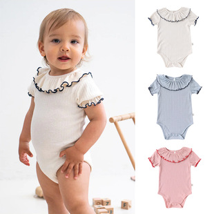 婴儿包屁衣a类全棉花边短袖春夏婴儿衣服男女宝宝花边领三角爬服