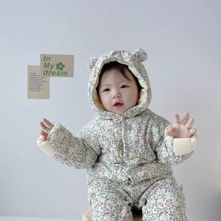 复古碎花婴儿棉服宝宝秋冬纯棉加厚夹棉保暖连体衣外套外出服ks