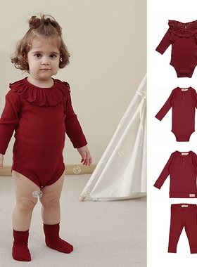 mar莫代尔棉坑条宝宝包屁衣樱桃红色家居服睡衣内搭无骨新年圣诞