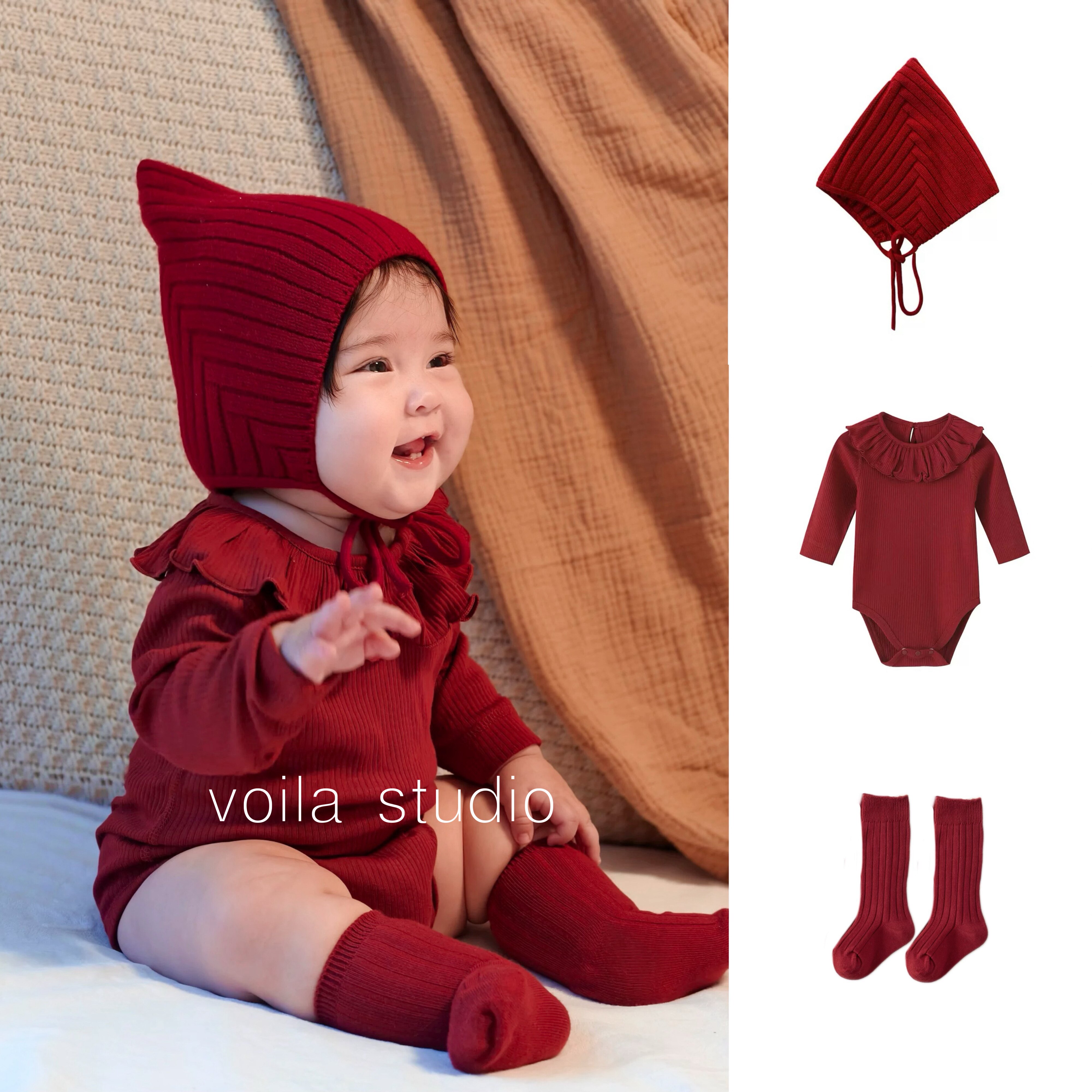 女宝宝红色莫代尔长袖包屁衣花边领无骨内搭打底圣诞春节新年周岁