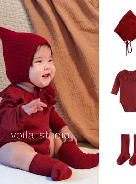 女宝宝红色莫代尔长袖包屁衣花边领无骨内搭打底圣诞春节新年周岁