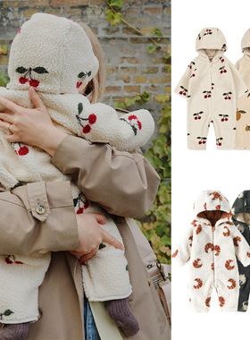 ins北欧风婴儿棉服秋冬男女宝宝连帽连体衣保暖摇粒绒外出爬服