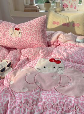 ins可爱豹纹小猫贴布绣水洗棉四件套少女心床单人被套宿舍三件套