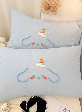 卡通毛巾绣枕套一对柔软泡芙纱水洗棉枕头套48x74宿舍单人枕芯套