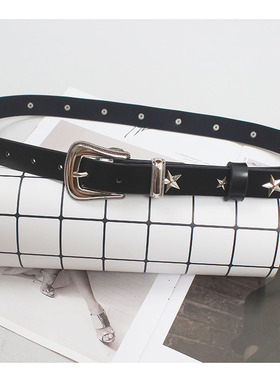 真皮黑色腰带美式Y2K辣妹不规则银色星星撞钉时尚百搭pu皮带女士