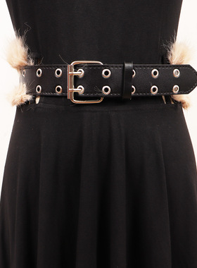 Y2K辣妹风黑色皮质多孔米黄色狐狸毛边腰带腰封