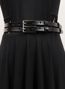 简约less百搭细款真皮女腰带双层小方扣头层牛皮黑色配裙装饰皮带