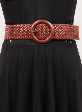 粉色编织皮带圆扣糖果色时尚百搭牛仔裤装饰宽腰带女天蓝紫色绿色