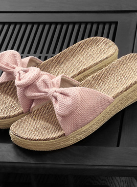 蝴蝶结坡跟女士亚麻拖鞋厚底高跟可外穿夏季室内家居家用凉拖鞋女