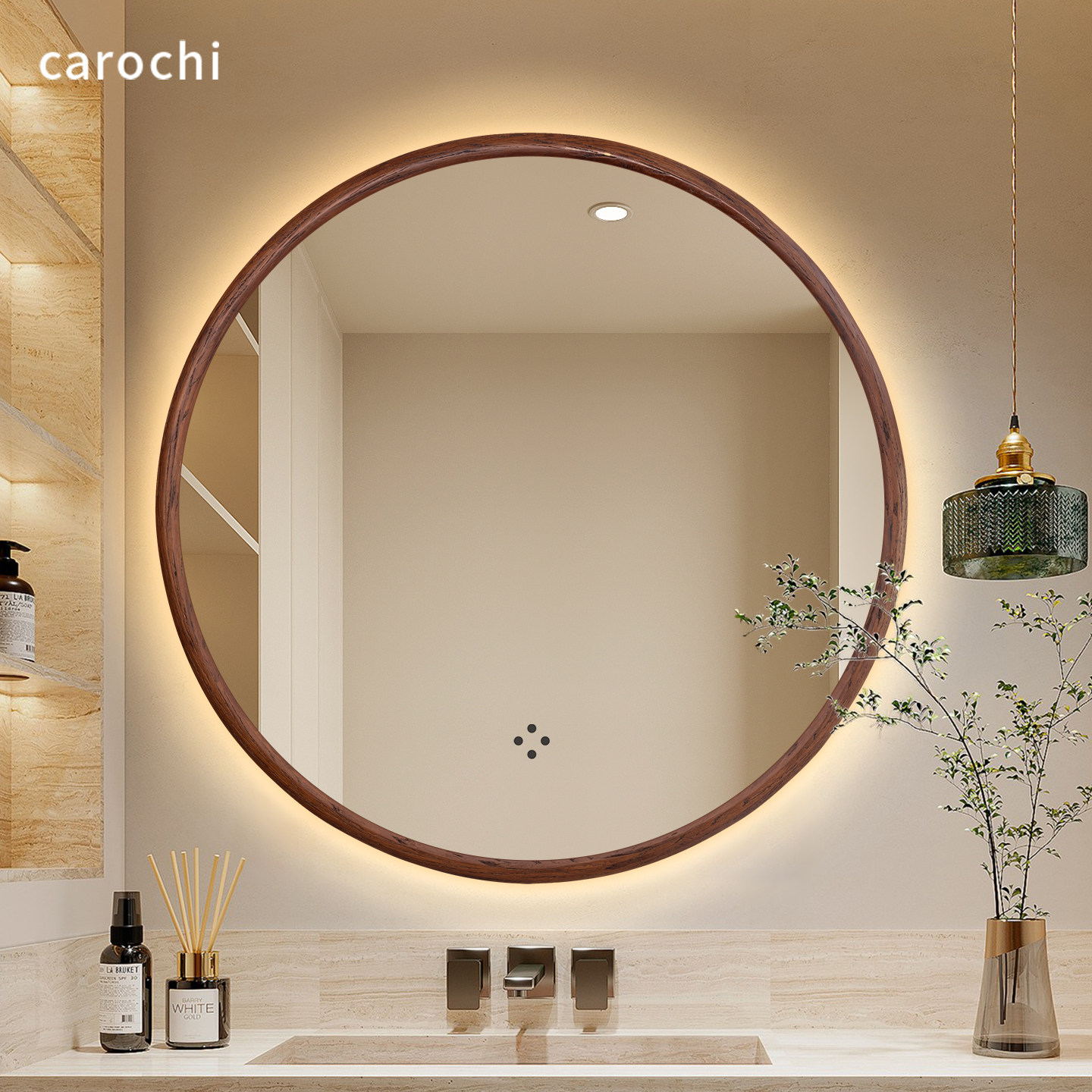 圆形中古风智能镜led带灯发光卫生间镜子洗漱台挂墙式实木浴室镜