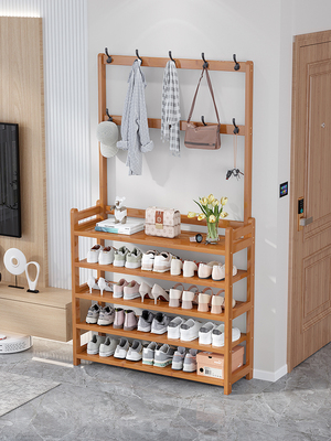 楠竹收纳鞋帽架一体多层家用门口置物架落地式卧室挂衣架玄关鞋架