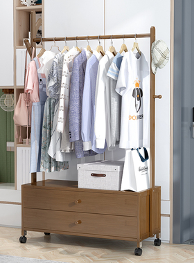 立式挂衣架卧室落地家用衣柜挂衣杆简易衣帽架带储物柜可移动带轮