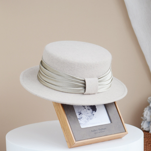 新款平檐羊毛呢礼帽女秋冬高档英伦复古毡帽保暖平顶帽优雅显气质