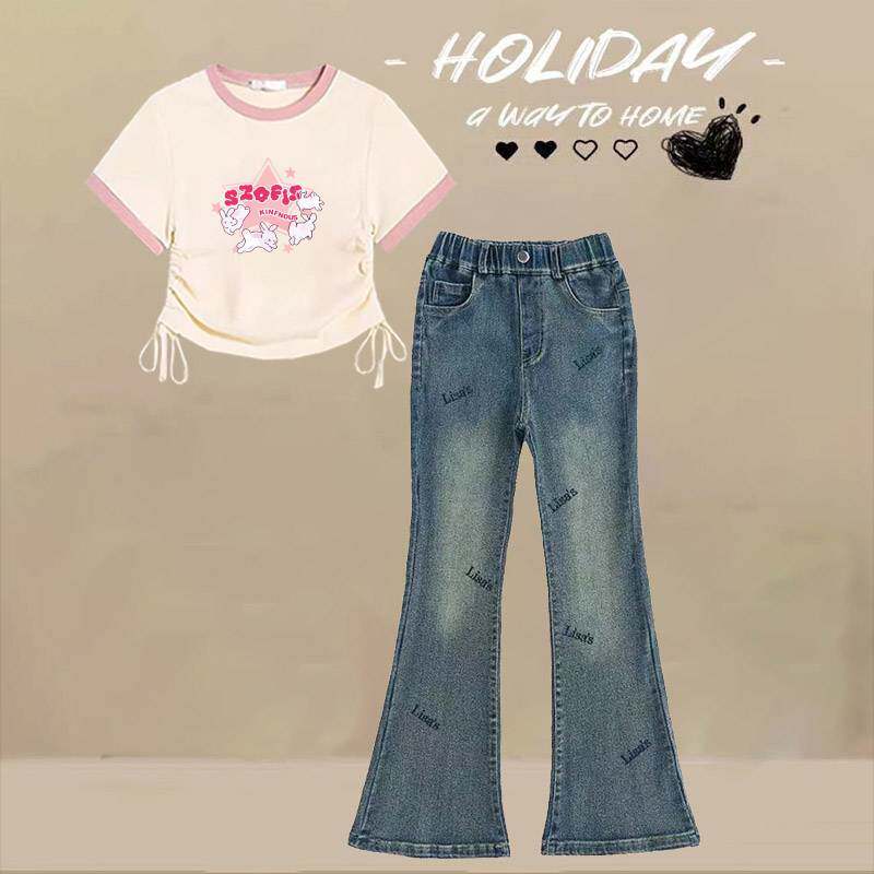女童夏季新款牛仔裤2025套装短袖T恤中大童8到12岁喇叭裤两件套装