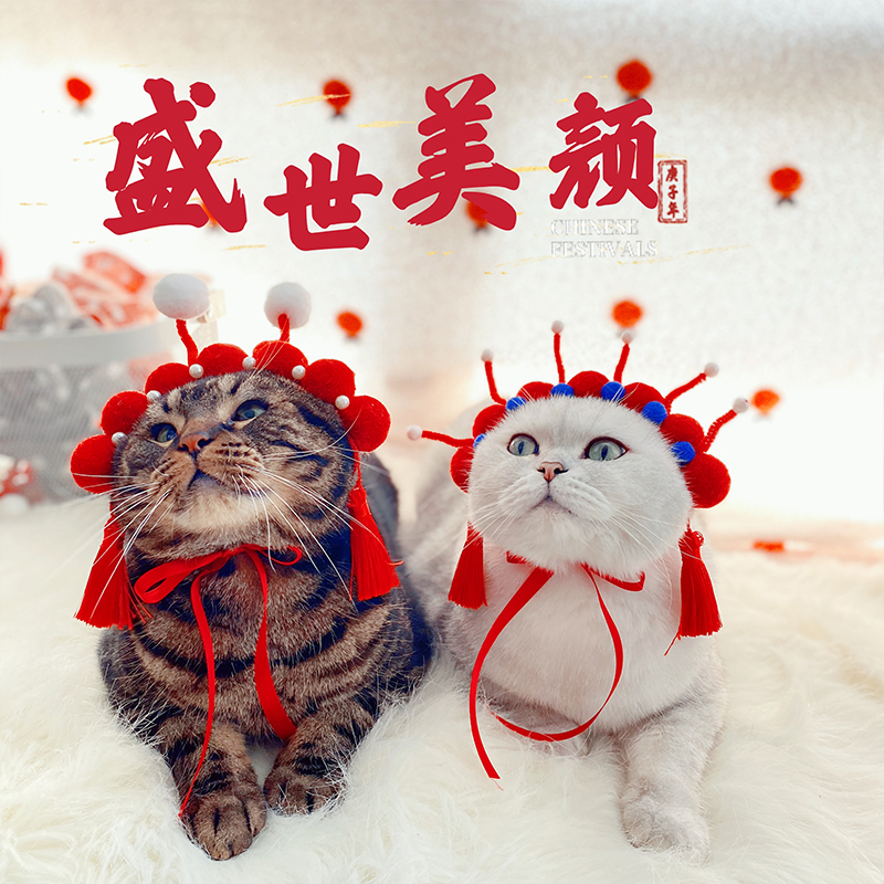 【papa喵】宠物猫猫国潮头饰猫咪狗狗帽子新年喜庆中国风拍照饰品