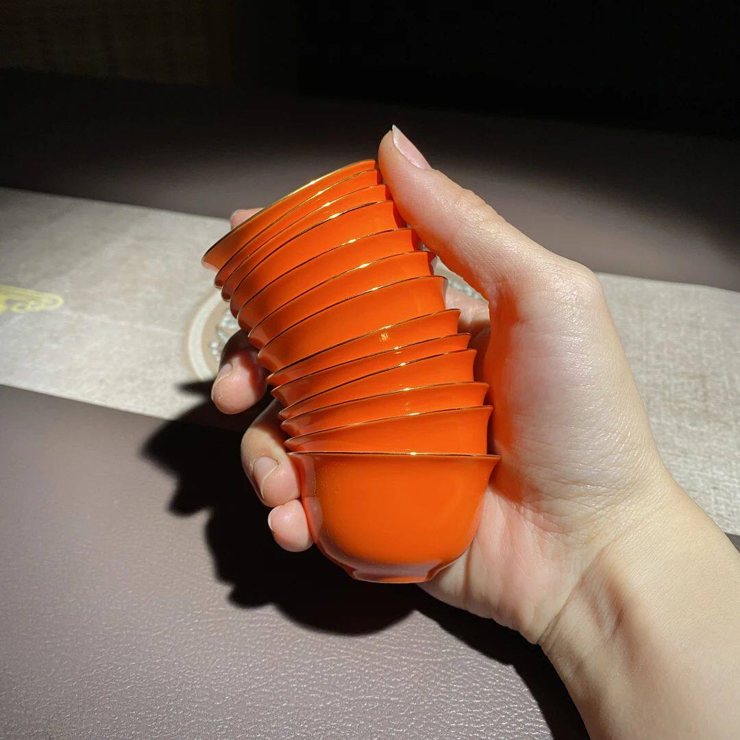 潮州超薄胎高橙色骨瓷盖碗套装高档 潮汕工夫茶杯蛋壳杯反口杯
