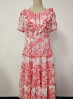 箩伦诗2026夏季新款女装粉色印花连衣裙女短袖设计感小众收腰度假