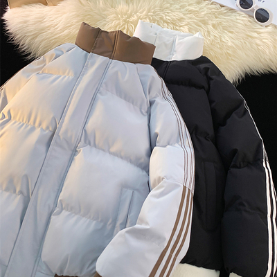 美式复古立领棉衣男冬季2025新款加厚条纹撞色外套潮ins情侣棉服
