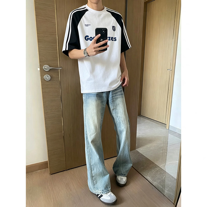 浅蓝色微喇牛仔裤男夏季新款美式高街直筒裤复古长裤薄款阔腿裤子