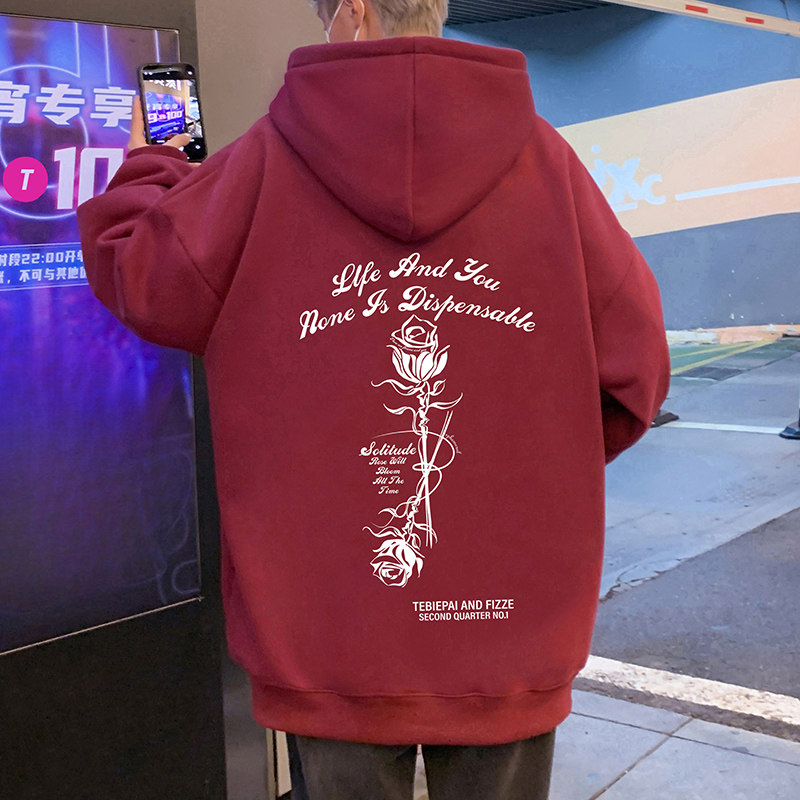 oversize美式高街连帽卫衣男玫瑰印花情侣外套潮牌重磅春秋季上衣