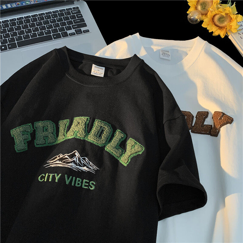 美式复古植绒刺绣短袖T恤男夏季新款设计感情侣体恤潮牌打底上衣