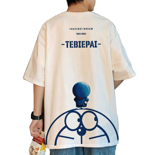 潮流多啦A梦短袖T恤男纯棉卡通情侣装ins潮牌宽松半袖夏季打底衫