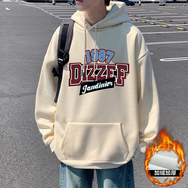 美式复古印花连帽卫衣男秋冬季加绒宽松休闲帽衫潮牌套头情侣外套