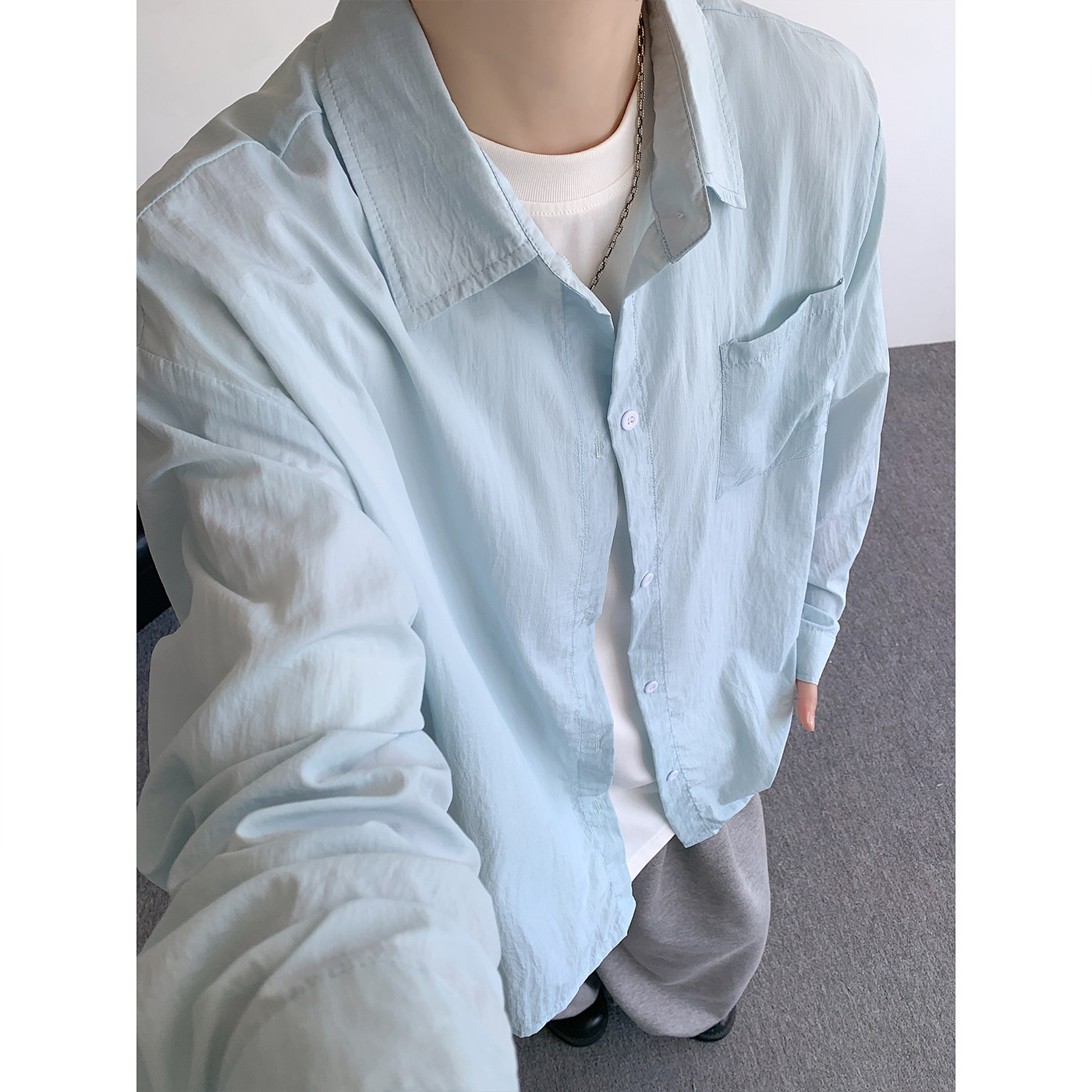 美式速干长袖衬衫男夏季新款凉感外套男生休闲大码港风薄款衬衣潮