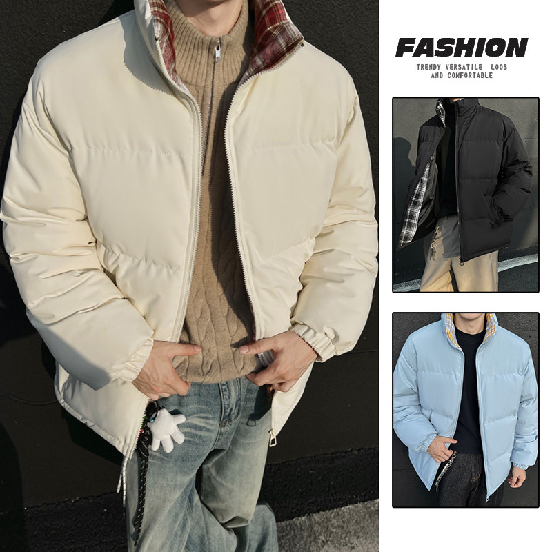 格子拼接棉服男秋冬季新款美式保暖立领面包服cleanfit廓形外套潮