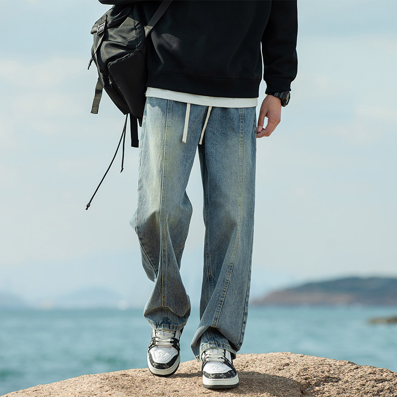复古蓝牛仔裤男2026夏季美式高街宽松水洗裤子显瘦直筒微喇长裤子