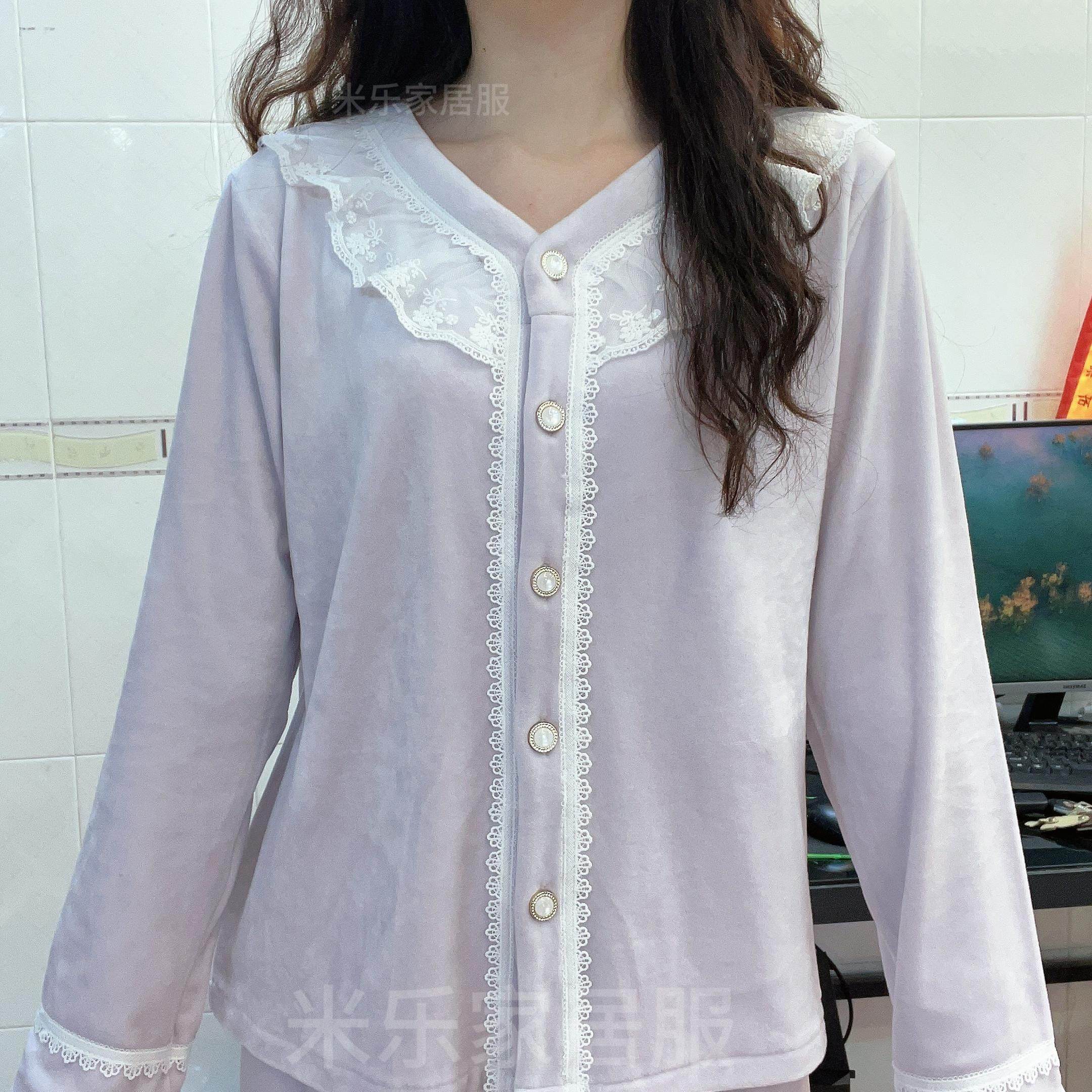 海岛睡衣纽扣保暖甜美初春季2025新款香芋紫套装可外穿家居服套装