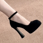 法式 气质小个子防水台绒面高跟鞋 复古黑色粗跟玛丽珍鞋 女2026新款