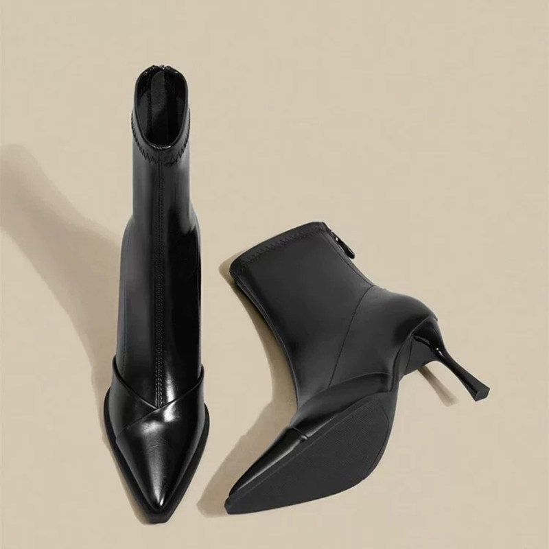 法式黑色尖头高跟短靴女25秋冬新款气质百搭细跟弹力瘦瘦靴短筒靴,女鞋,弹力靴/袜靴,淘宝优惠券,粉丝福利购,淘宝优惠卷