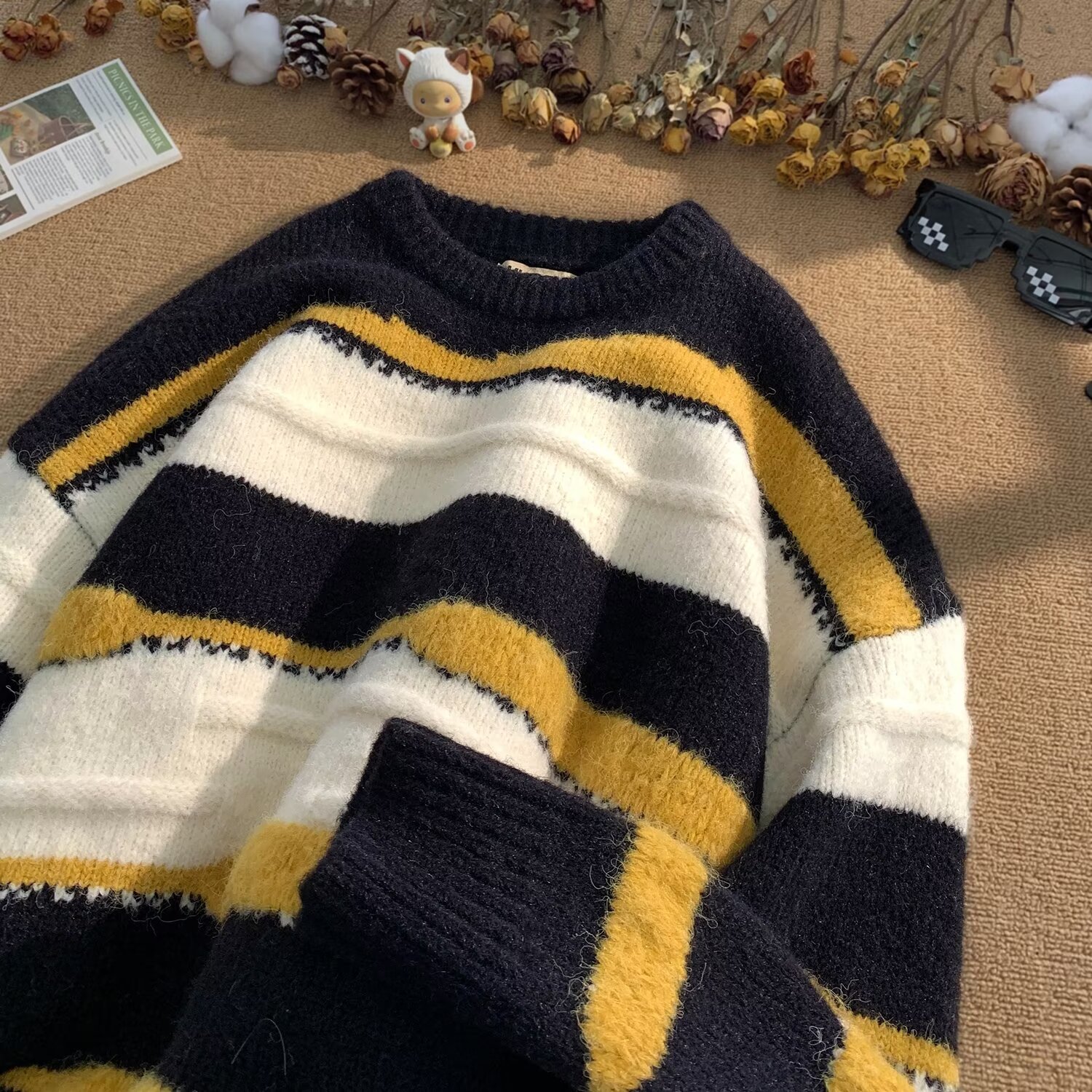 Minimalistischer Streifen-Pullover, vielseitig einsetzbar, Harajuku, lässige Strickmode, trendiger Hirschplüsch 610A-2-M23-P58_voghion.com