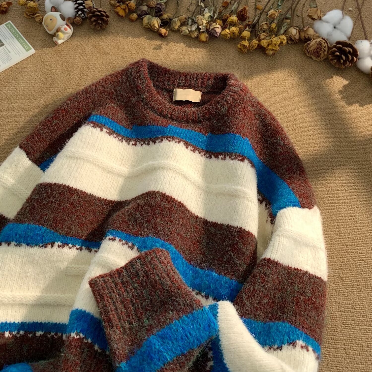 Minimalistischer Streifen-Pullover, vielseitig einsetzbar, Harajuku, lässige Strickmode, trendiger Hirschplüsch 610A-2-M23-P58_voghion.com