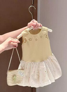 女童夏季无袖公主裙宝宝镂空花朵连衣裙婴儿童甜美网纱拼接背心裙
