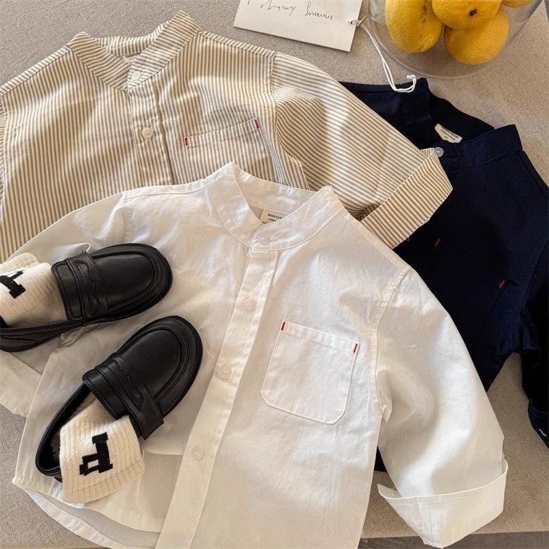 儿童衬衫2026春秋韩版新品男童女童条纹衬衫宝宝纯色口袋衬衣潮牌