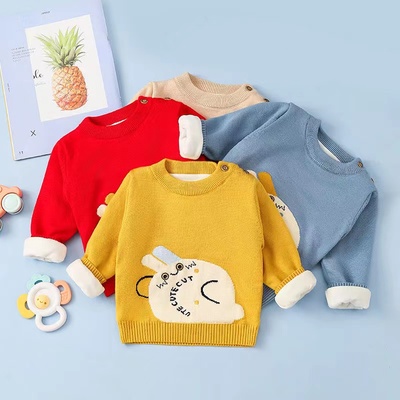 婴儿毛衣男女童加绒加厚秋冬款中小童卡通肩扣毛衣宝宝打底羊毛衫
