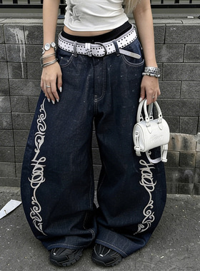 Dreamy 复古街头风辣妹个性印花工装裤女夏季时尚低腰牛仔裤长裤