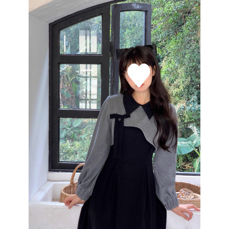 法式黑色长袖连衣裙子女秋冬季2026新款小个子入秋一整套穿搭套装