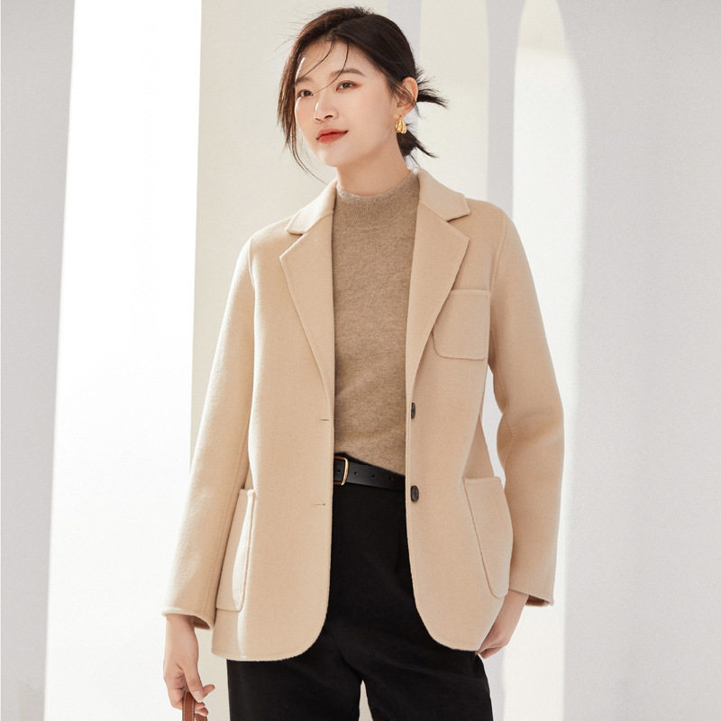 秋冬款女双面羊绒大衣小个子西服领单排扣短款羊毛呢子职业装外套