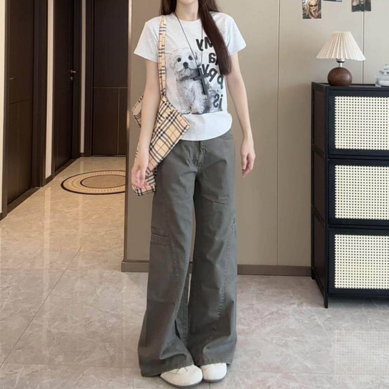 灰色阔腿微喇工装裤女秋