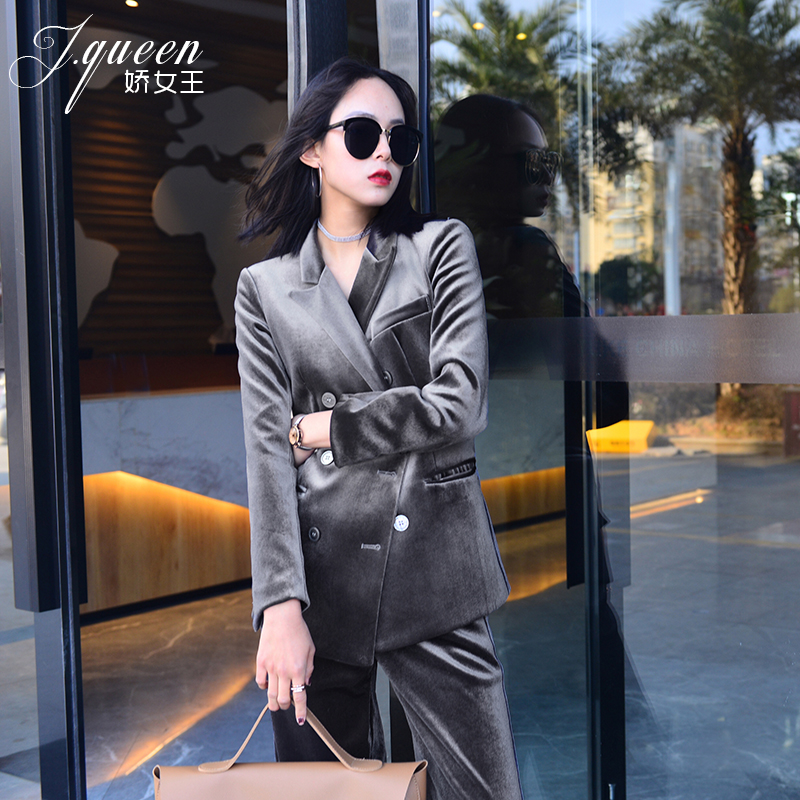 金丝绒小西装套装女装2018秋装新款休闲阔腿裤西服时尚长裤两件套