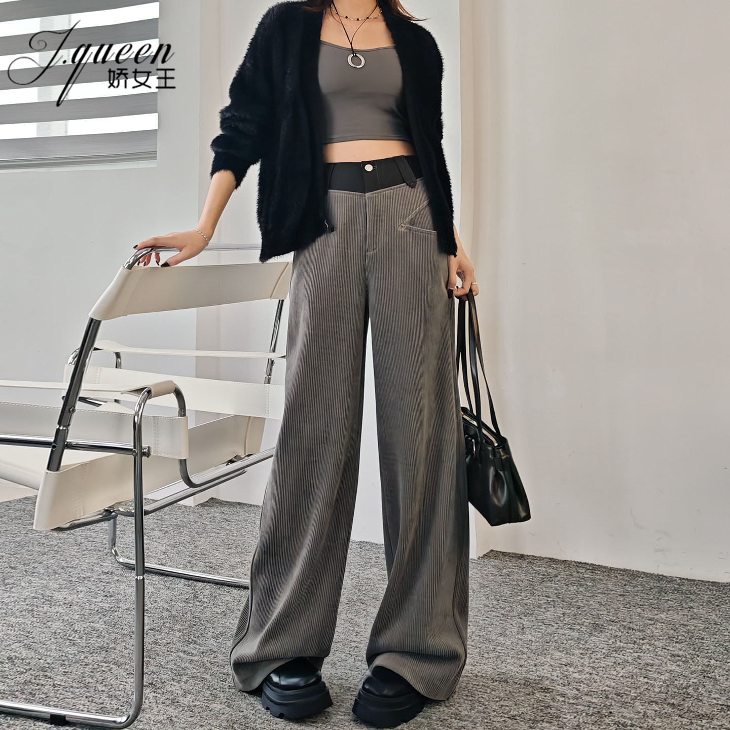 灯芯绒阔腿裤女春秋季新款时尚百搭设计感撞色拼接宽松拖地长裤子,女装/女士精品,休闲裤,淘宝优惠券,粉丝福利购,淘宝优惠卷